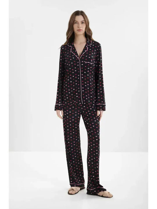 DKNY Летен Дамски Комплект Пижами Черен С Червени И Розови Устни
