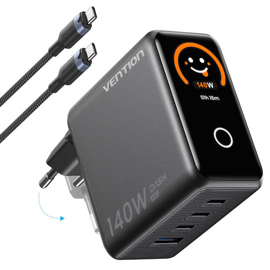 Vention Vention GaN Handyladegerät mit USB-A Ausgangsanschluss und 3 USB-C Ausgangsanschlüsse 140W Stromlieferung Schwarz