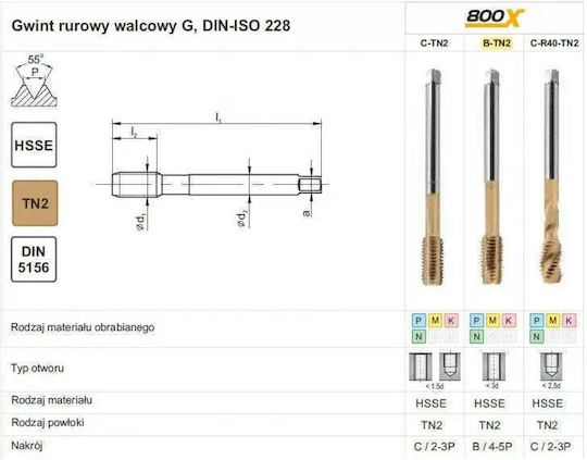 Fanar Handgewindebohrer G 3/8'' Din-5156b Hsse Tin 800x
