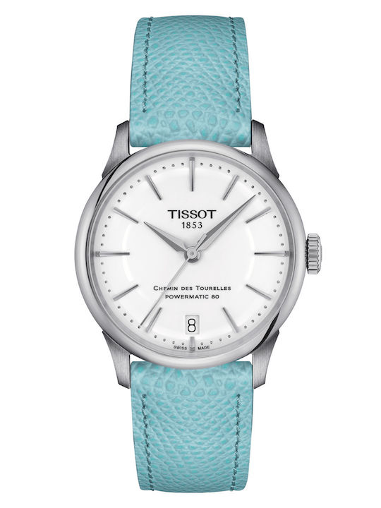 Tissot Chemin Des Tourelles Powermatic 80 Мъжки Часовник 34mm Автоматичен с Тюркоазена Кожена Каишка Tissot Chemin Des Tourelles Powermatic 80 Мъжки Часовник 34mm Автоматичен с Тюркоазена Кожена Каишка