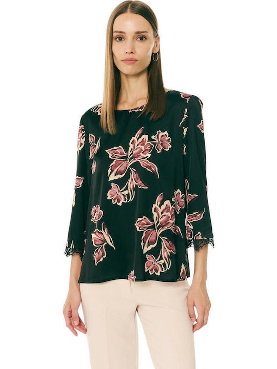 Damen Bluse aus Satin mit 3/4 Ärmel Blumen Schwarz