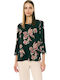 Damen Bluse aus Satin mit 3/4 Ärmel Blumen Schwarz