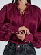 Women's Satin Blouse with V-Neck Burgundy