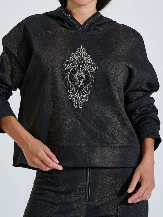 Damenbluse mit Kapuze Tierdruck Schwarz