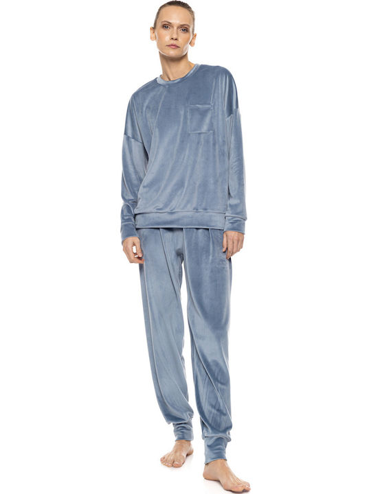 Pink Label Winter Samt Damen Schlafanzughose Darkes Grün