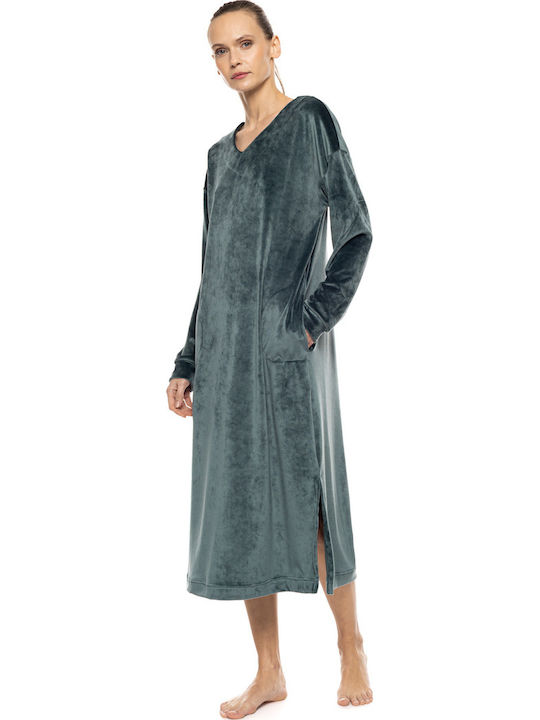 Pink Label Winter Samt Damen Nachthemd Yacht Blau
