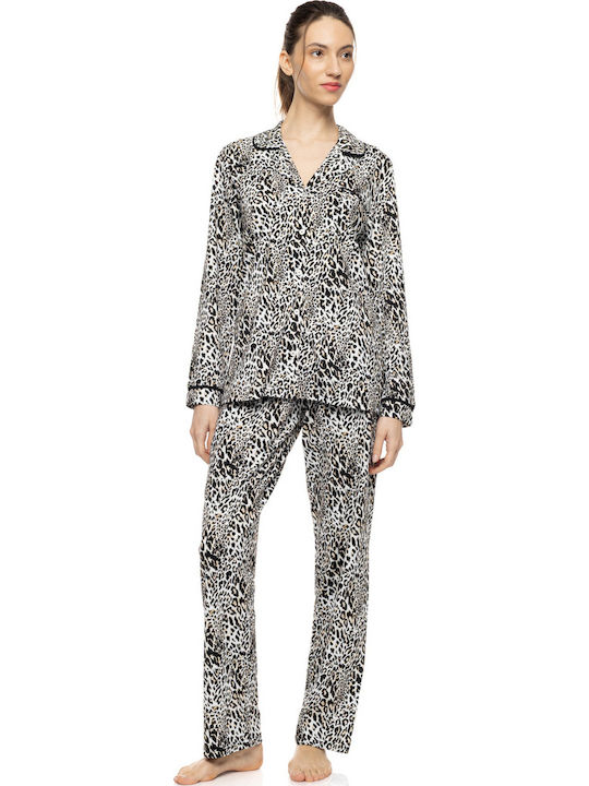 Pink Label Χειμερινό Γυναικείο Σετ Πιτζάμας Ivory Leopard