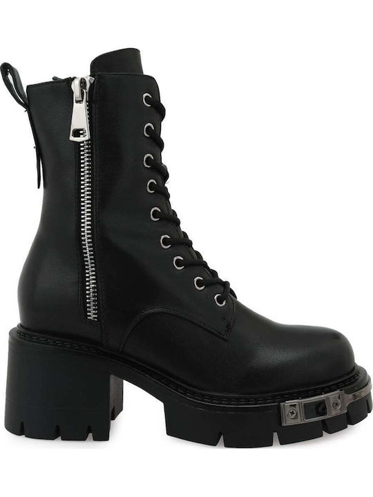 DRAGON & BLAZE Leder Damen Kampfstiefel mit Mittelhohem Absatz Schwarz