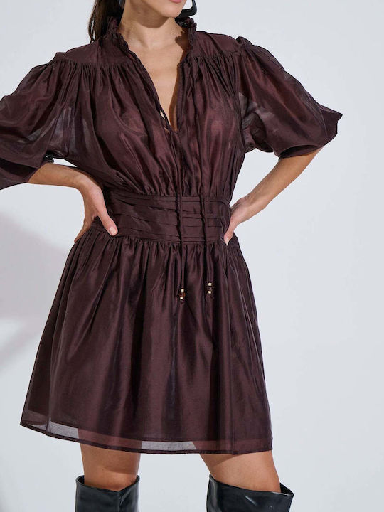 Summer Shirt Dress with Ruffles Brown