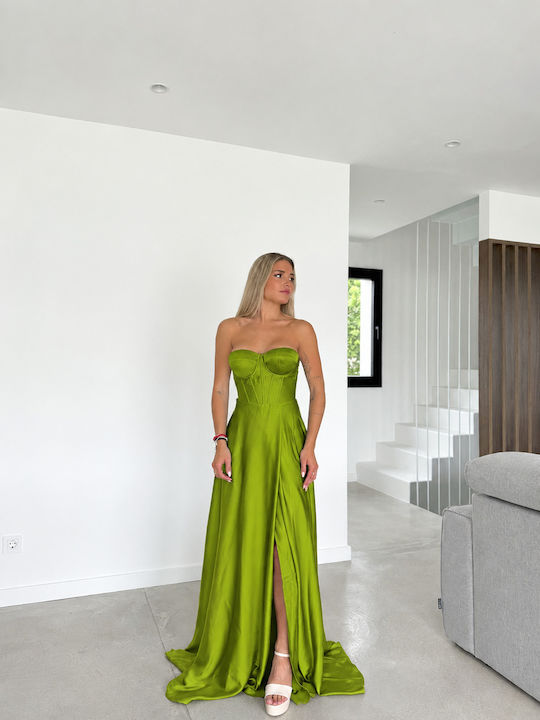 Sommer Maxi Damenkleid für Hochzeit - Taufe Trägerlos Satin Olivgrün