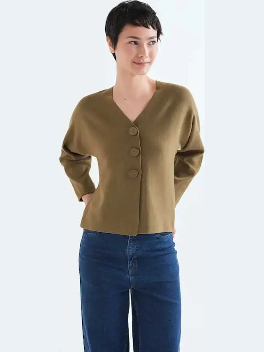 Lange Gestrickte Damen Strickjacke mit Knöpfen Olive