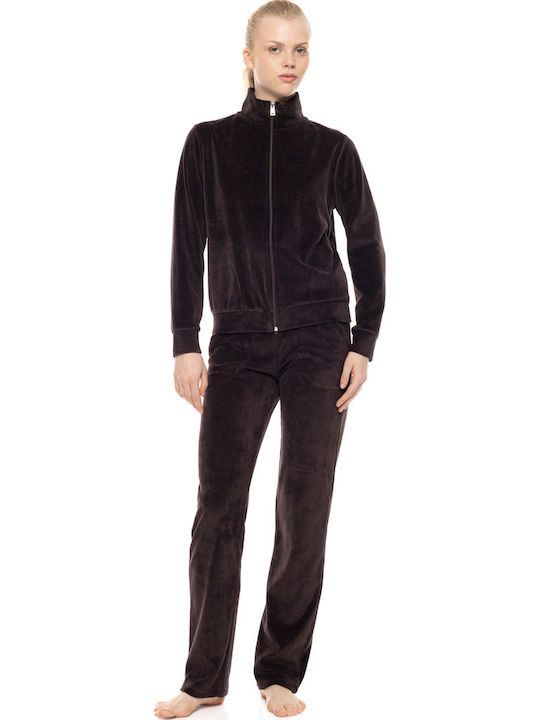 Pink Label Damen Jogginghose Samt Schokolade