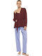 Pink Label Sommer Damen Schlafanzughose Soft Blau/bordeaux