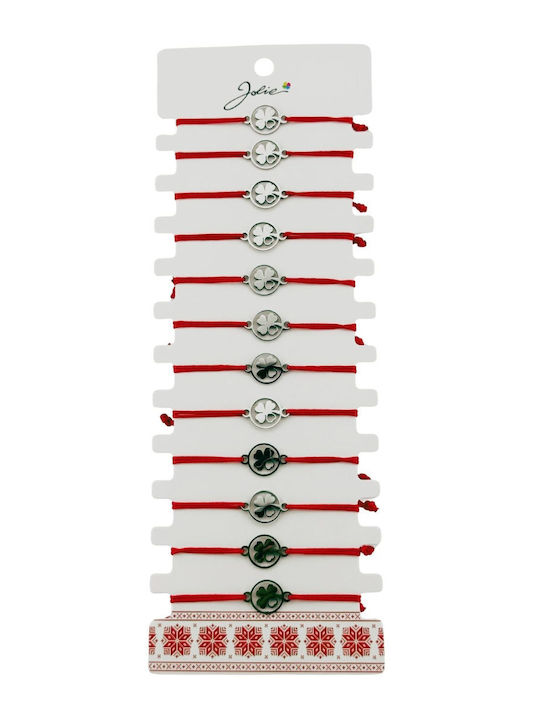 Martisor Bracelet Women Jolie Clover Heart Design Set 12 Pieces Silver Stainless Steel Pendant Adjustable Red Cord