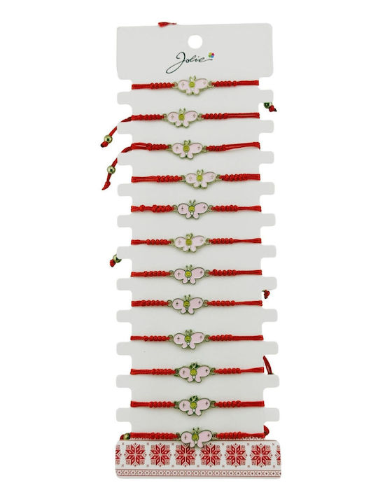 Bratari Martisor Pentru Femei Copii Set 12 Piese Design Fluture Vesel Pandantiv Roz Emailat Snur Reglabil Rosu