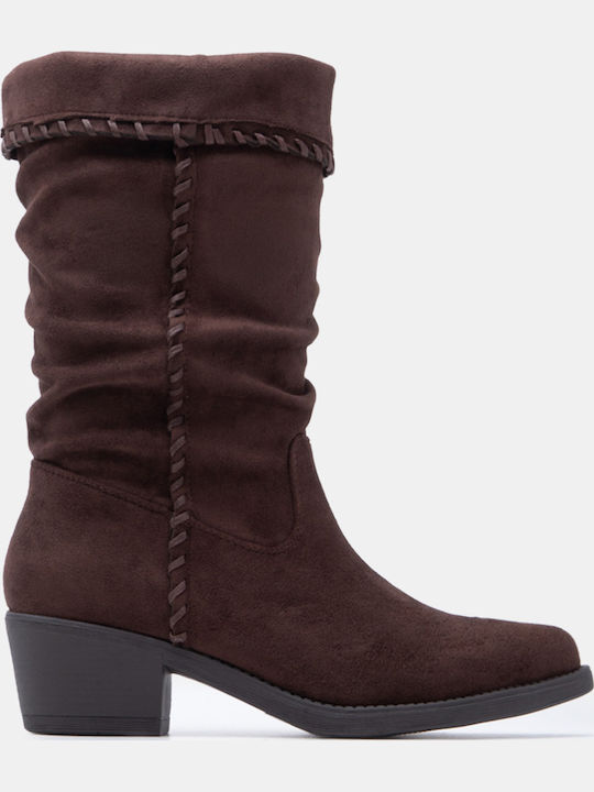 Suede Women's Ankle Boots Cowboy with Medium Heel Brown