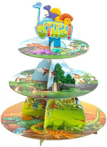 Stand Pentru Dulciuri Flippy Din Carton 3 Nivele Diametru 16 22 29 Cm Înălțime 38 Cm Temă Dinozaur Multicolor