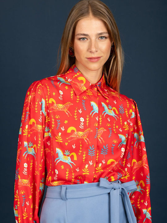 Langärmeliges Damenhemden Satin Rot