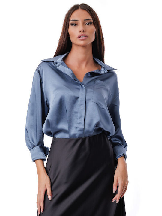 Silia D Langärmeliges Damenhemden Satin Blaufarbe