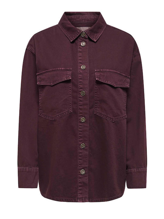 Langärmeliges Damen-Denim Halbknopfhemd Burgundisch
