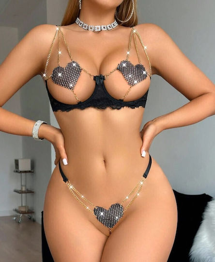 Roza Rz6229 Sexy Set Women’s Lingerie 2 Pieces Black Lace Hearts Rhinestones & Gold-Colored Chains