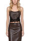 Women's Leather Crop Top with Spaghetti Straps Brown
