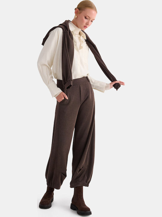 attrattivo Pantaloni Dama Cu Talie Inalta Din Tesatura Maro