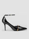 Spitze Zehe Pumps aus Lackleder mit Absatzstiletto & Riemchen Schwarz
