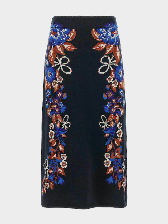 High Waist Midi Skirt Floral Blue