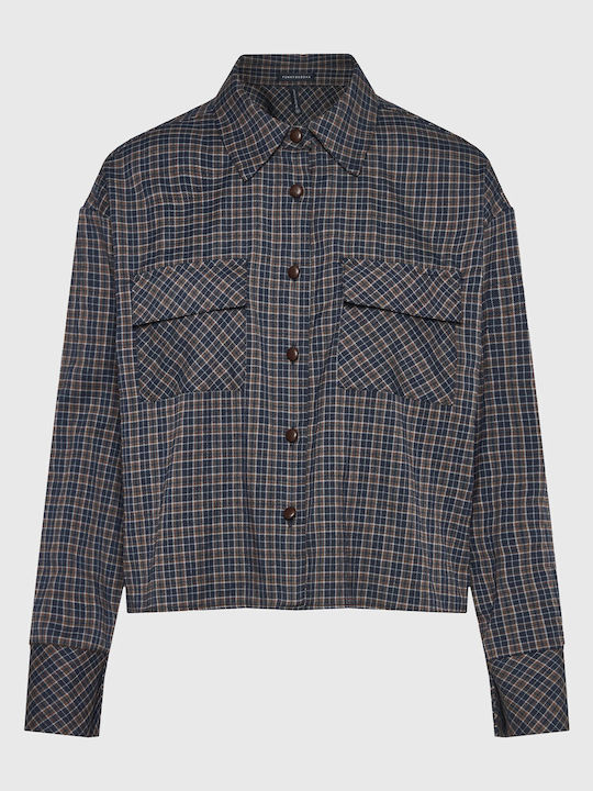 Long Sleeve Women's Shirt Navy Blue Checked