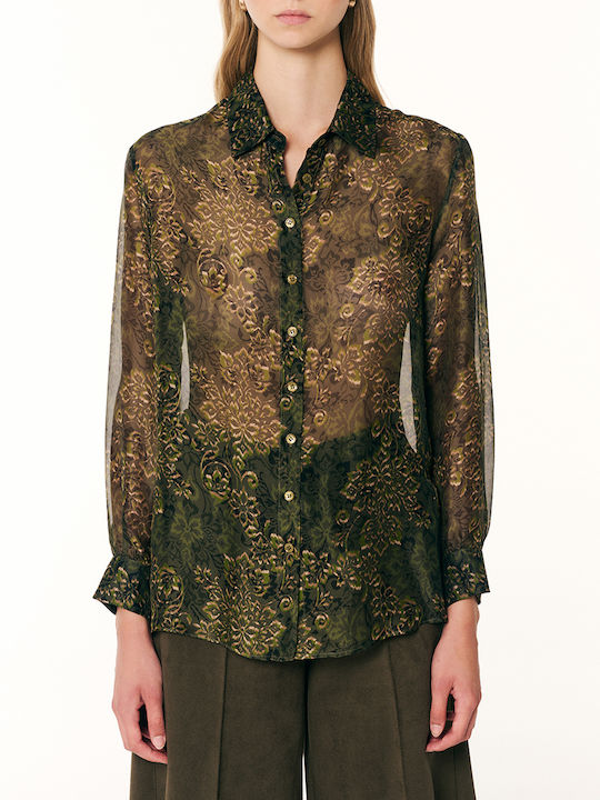 Long Sleeve Women's Silky Shirt Green Floral