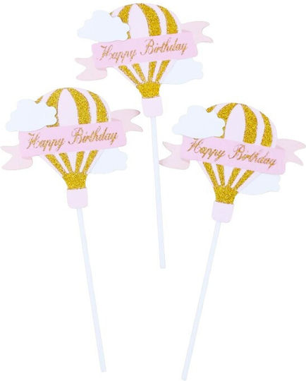 Set 3 Cake Toppers Flippy Design Balon cu Aer Cald Temă La Mulți Ani Roz