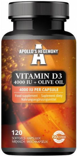 Apollo's Hegemony Vitamina D3 + Ulei de Măsline Vitamină pentru Întărirea Imunității și Sănătatea Oaselor 4000 UI 120 capsule pe bază de plante