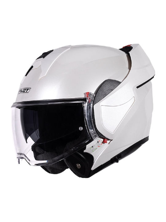 Pilot Flip-Back Duo Sv Gloss White Motorcycle Helmet Flip-Up ECE 22.06 with Sun Visor