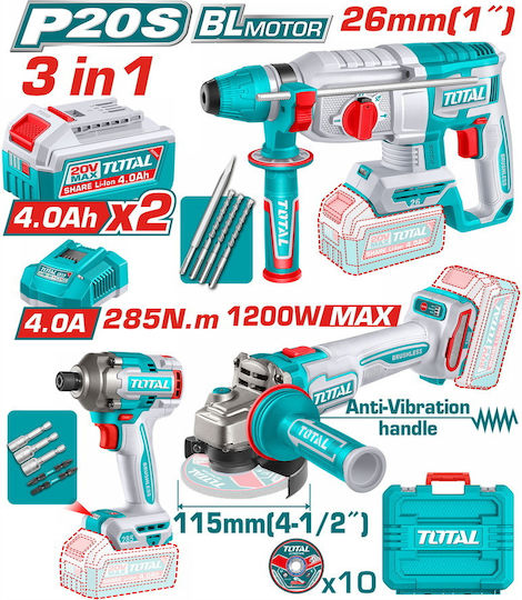 Total TOSLI260191E Set scule cu acumulator Roată unghiulară, Șurubelniță cu impact și Ciocanul 20V cu 2 Acumulatori 4Ah și Husă