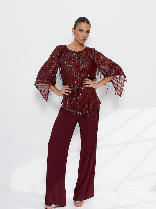 Women's Burgundy Set with Trousers with Sequins F2913_012
