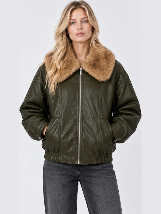 Leder Damenjacke für Winter Khaki