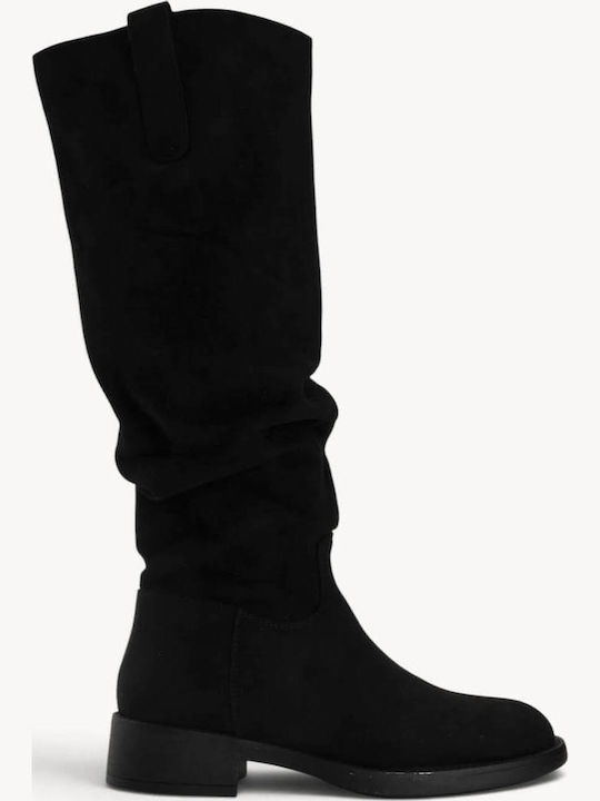 Cizme Dama Slouch Negre Din Suede Cu Toc Jos