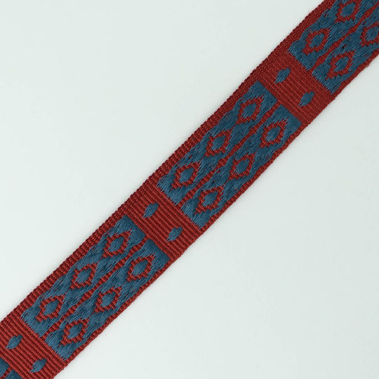 Gro Ribbon Squares Vertical Thick Burgundy Base & Large Rhombus Stitch Blue 3 Cm Meter