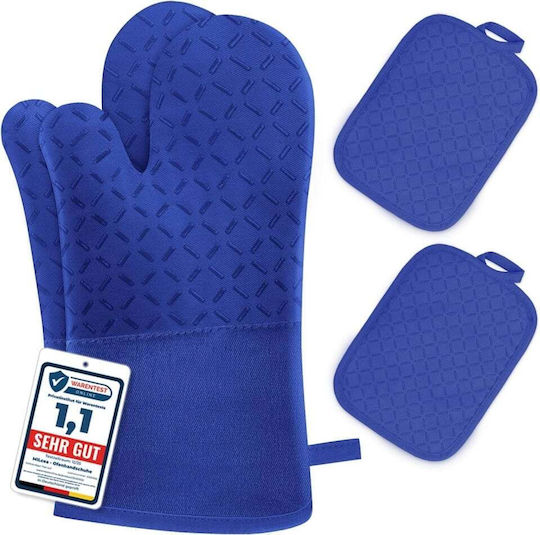 Oven Mitt and Pot Holder Set Kitchen Made of Blue Silicone 4 Pieces