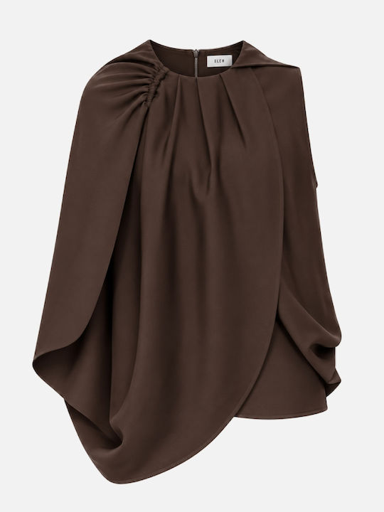 Damen Bluse Satin Ärmellose Drapierung Schokolade