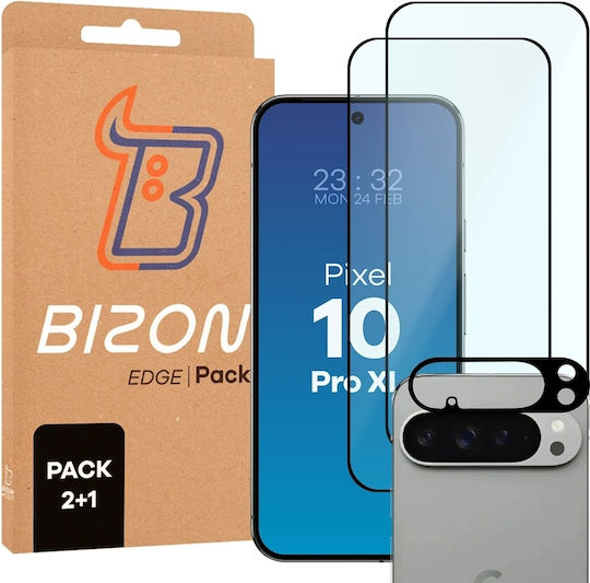 Bizon Glass Edge Pack 3в1 Комплект Защита 2 Протектора За Екран От Стъкло + 1 Протектор За Камера Съвместим С Google Pixel 10 Pro XL Черен