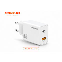 Amaya Зарядно Устройство Без Кабел с USB-A Изходен Порт и USB-C Изходен Порт 25W Power Delivery Бял (ACW-E221D) Amaya Зарядно Устройство Без Кабел с USB-A Изходен Порт и USB-C Изходен Порт 25W Power Delivery Бял (ACW-E221D)