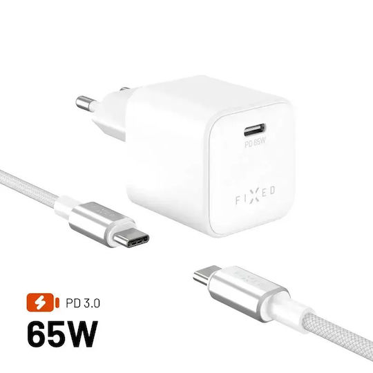 Fixed Încărcător GaN cu Port USB-C și Cablu USB-C - USB-C 65W Power Delivery Alb