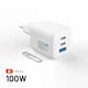Fixed Încărcător Fără Cablu GaN cu Port USB-A și 2 Porturi USB-C 100W Power Delivery Alb (Mini)