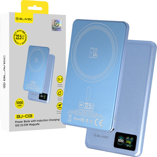 Blavec BJ-03 Ултра Тънка MagSafe Външна Батерия 5000mAh 22.5W Захранване с Висока Мощност Светлосиня