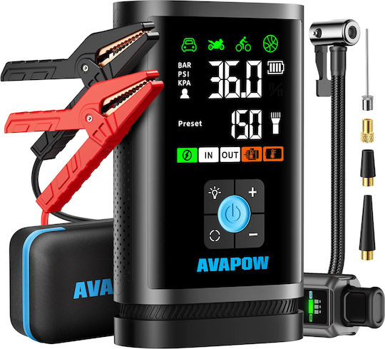 Avapow JP3 Преносим Стартер за Автомобилен Акумулатор и Мотоциклет 16000mAh с Захранваща банка / USB / Помпа / Фенер 12V