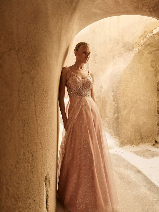 Лятна Maxi Рокля За Вечерно Излизане С Прозрачни Елементи Old Pink Розова