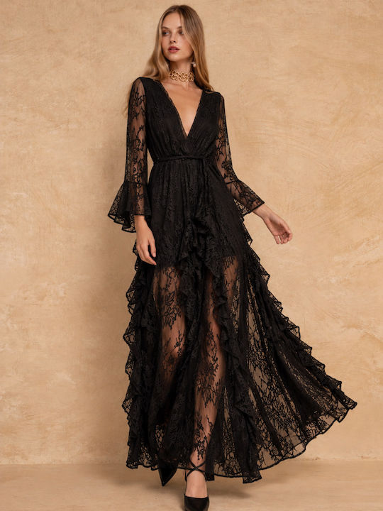 Maxi Βραδινό Φόρεμα με Δαντέλα & Βολάν Black FW27-5073
