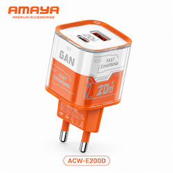 Amaya Зарядно Устройство Без Кабел GaN С USB-A Изходен Порт И USB-C Изходен Порт 18W Оранжево ACW-E200D Amaya Зарядно Устройство Без Кабел GaN С USB-A Изходен Порт И USB-C Изходен Порт 18W Оранжево ACW-E200D